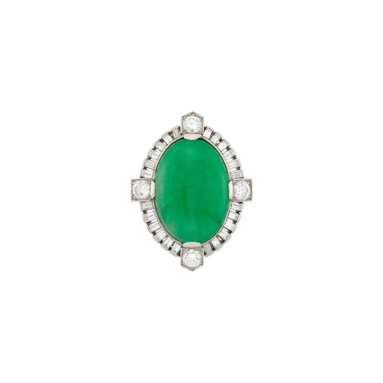 Platinum, jade and diamond ring