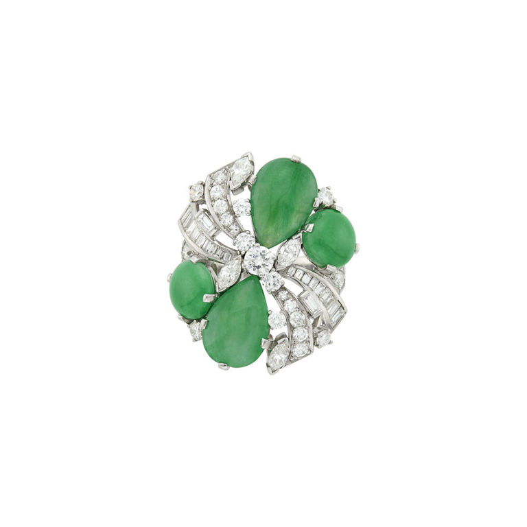 Platinum jade and diamond ring
