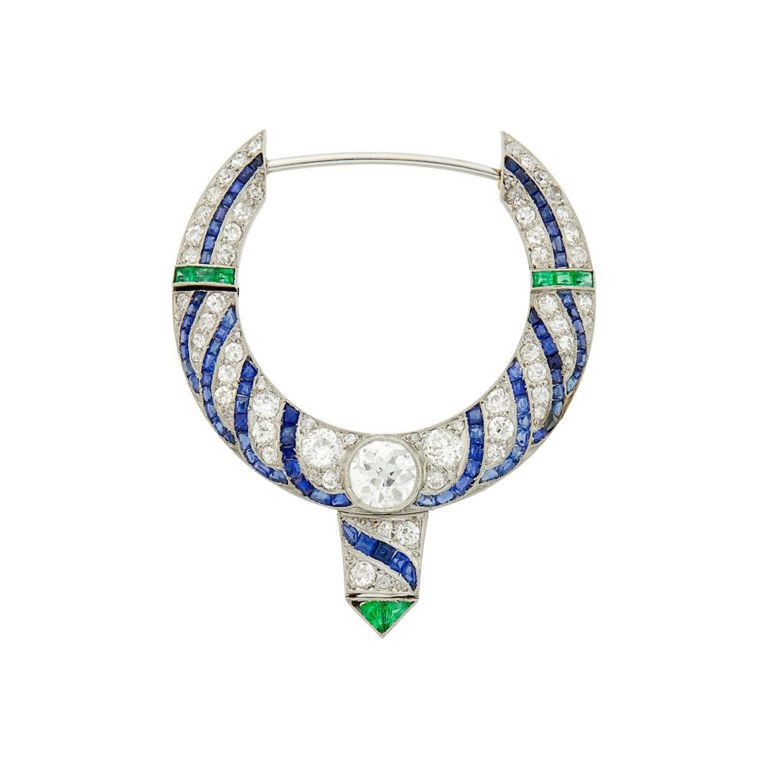 Platinum, diamond, sapphire and emerald brooch