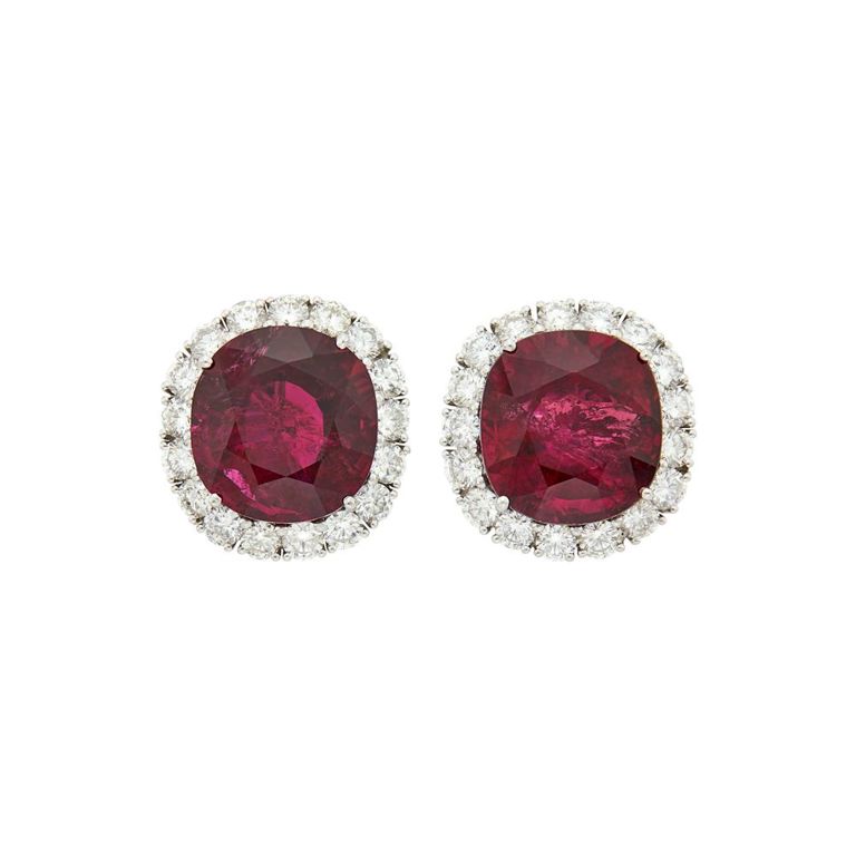 Platinum rubellite and diamond earclips