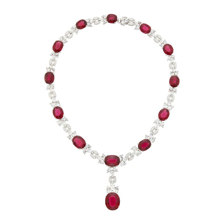 White gold rubellite and sapphire necklace