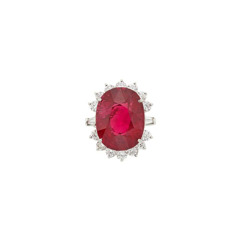 Platinum rubellite and diamond ring