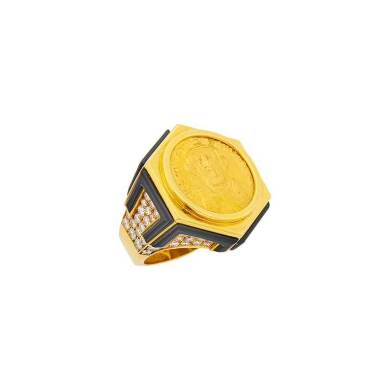 20k gold coin onyx diamond ring