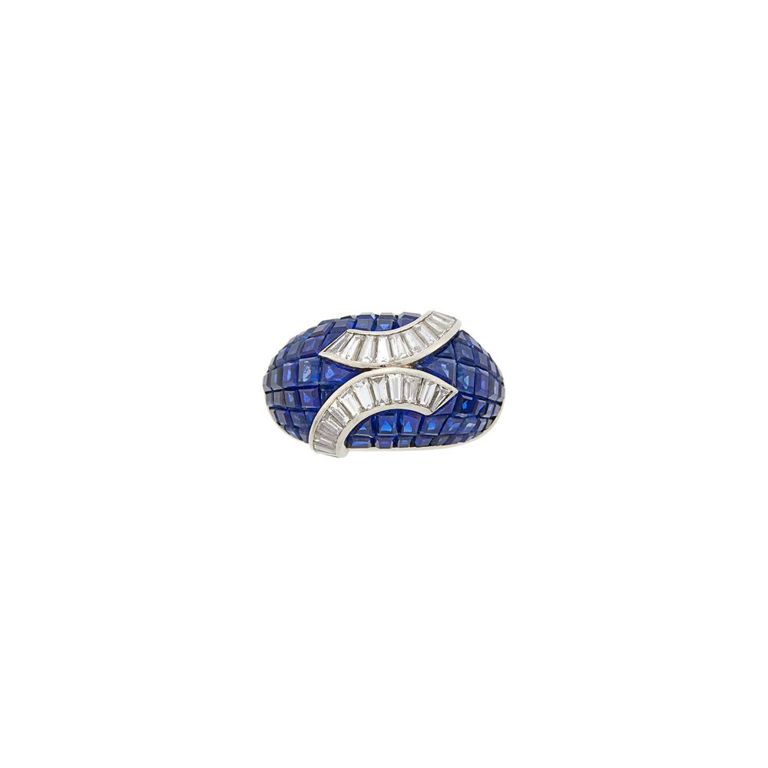 Platinum sapphire and diamond bombé ring