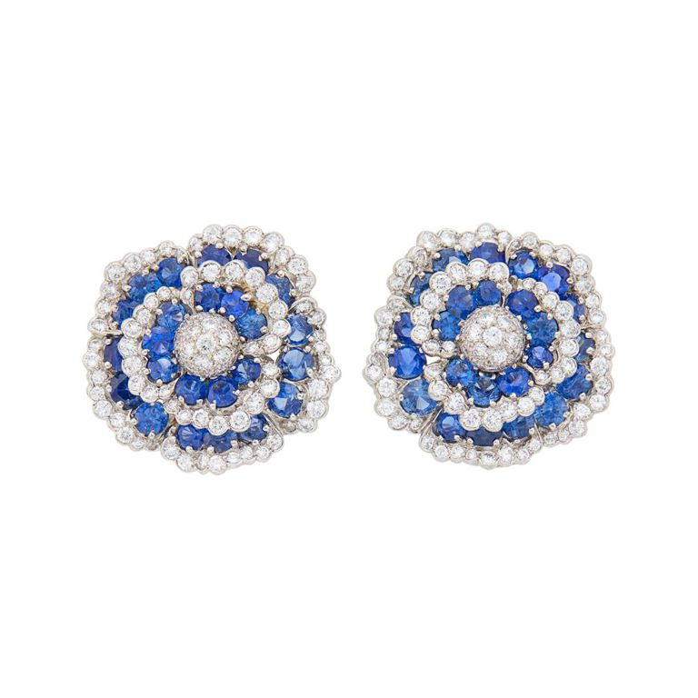 Platinum sapphire and diamond flower earrings