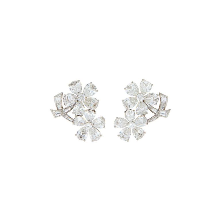 Platinum diamond flower earclips