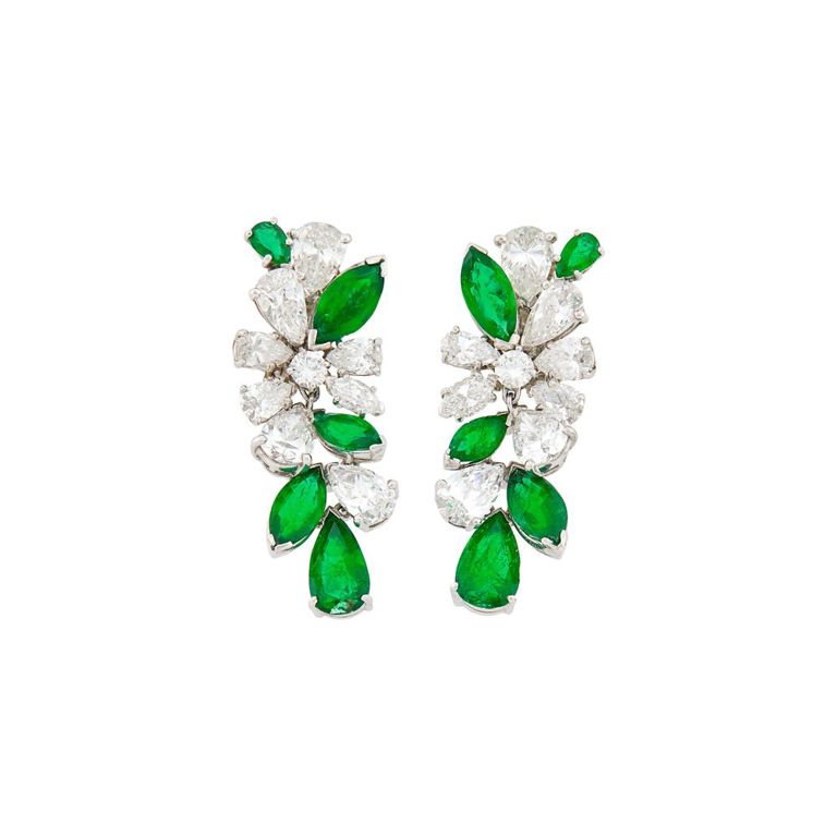 Platinum diamond emerald pendant-earclips