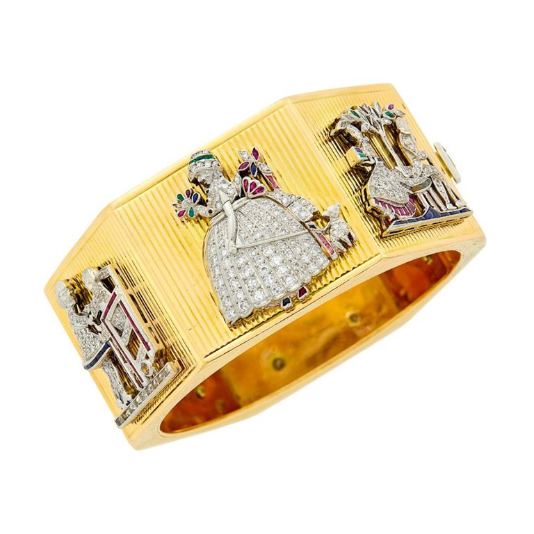Gold platinum diamond gem-set cuff bangle