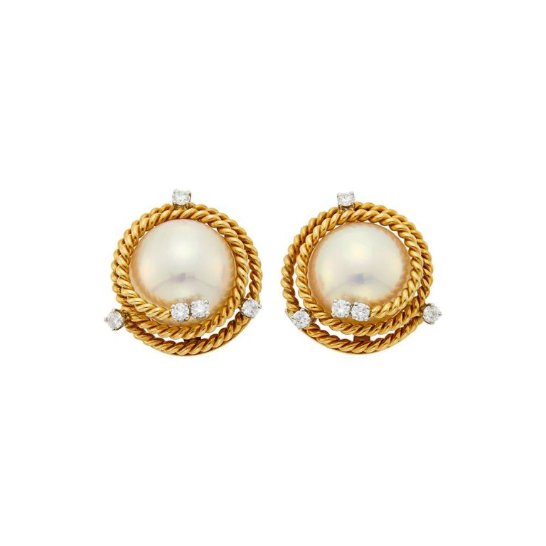 18k gold platinum pearl diamond earclips