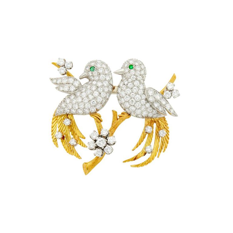 18k gold platinum diamond emerald clip-brooch