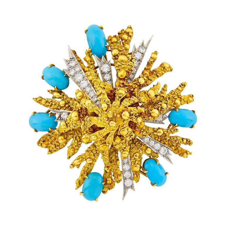 18k two-color gold turquoise diamond pendant-brooch