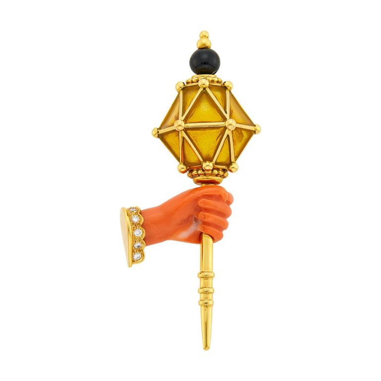 18k gold coral onyx diamond clip-brooch