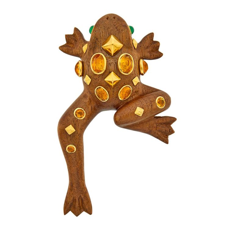 18k gold wood citrine frog brooch