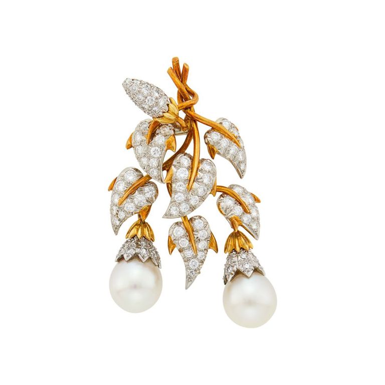 Platinum gold diamond pearl clip-brooch
