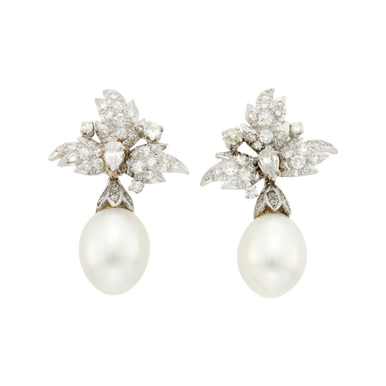 Platinum pearl diamond pendant-earrings
