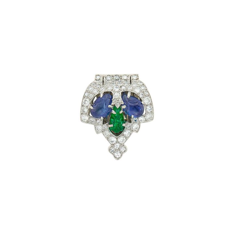 Platinum carved sapphire emerald diamond clip