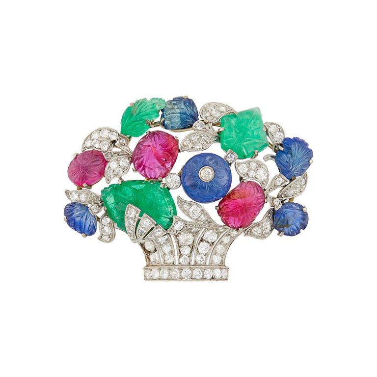 Platinum white gold diamond flower basket brooch
