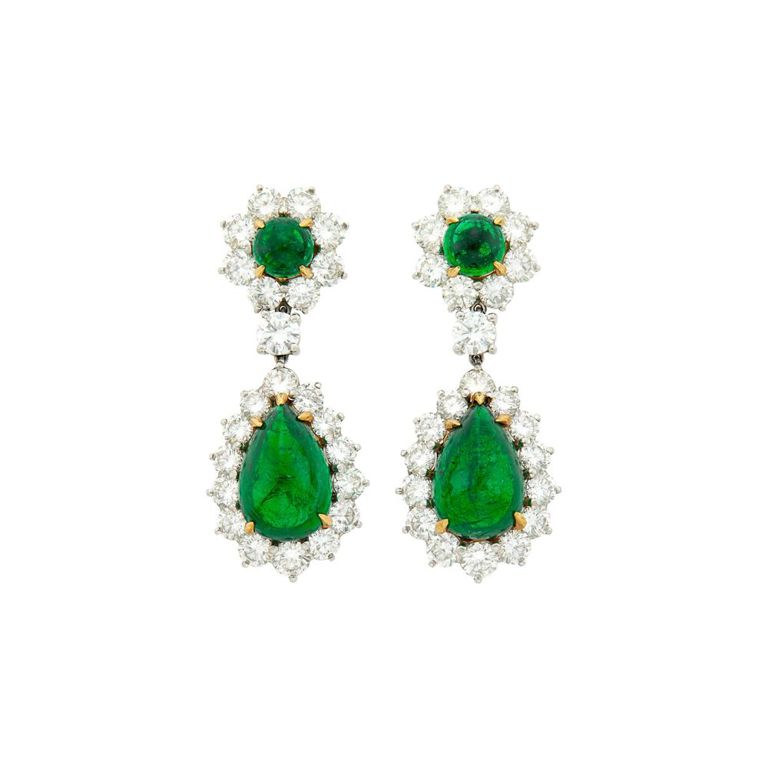 Platinum gold emerald diamond pendant-earclips