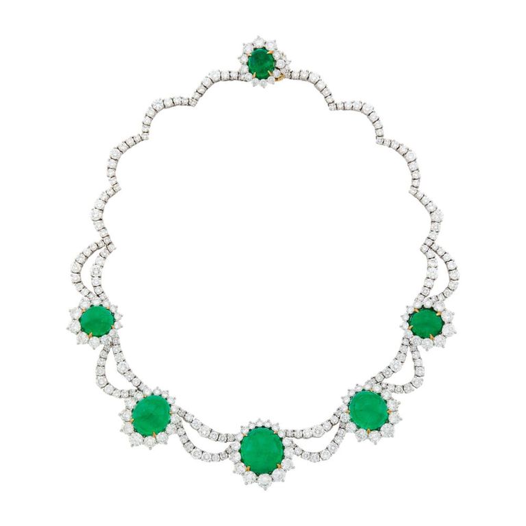 Platinum gold emerald diamond necklace