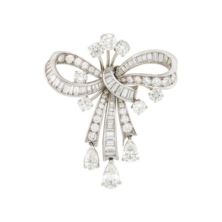 Platinum diamond bow clip-brooch white gold necklace