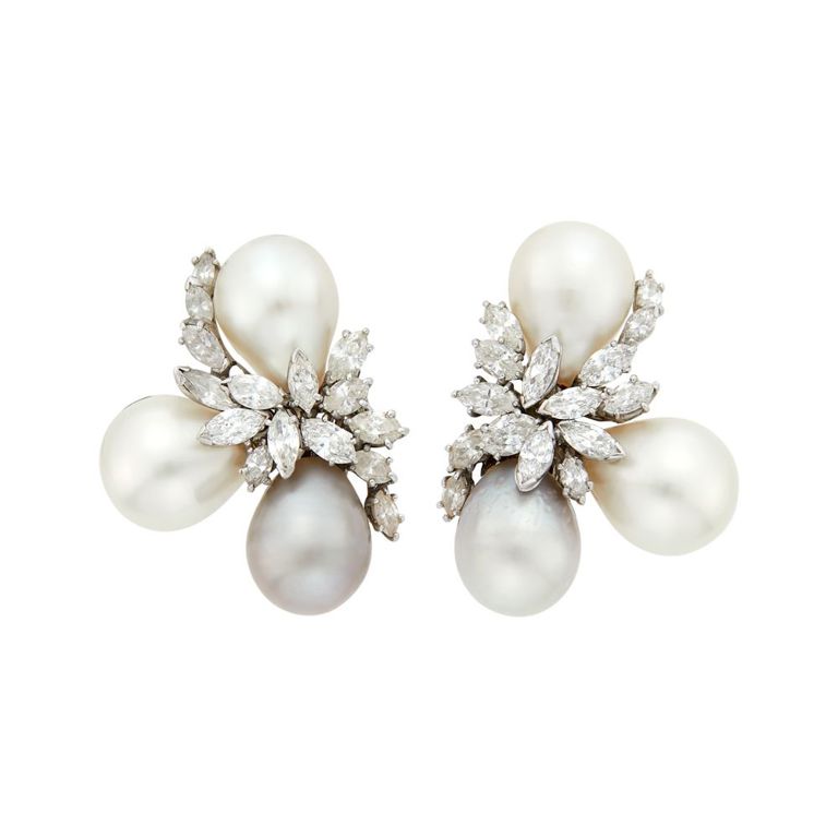 Platinum multicolored pearl diamond earclips