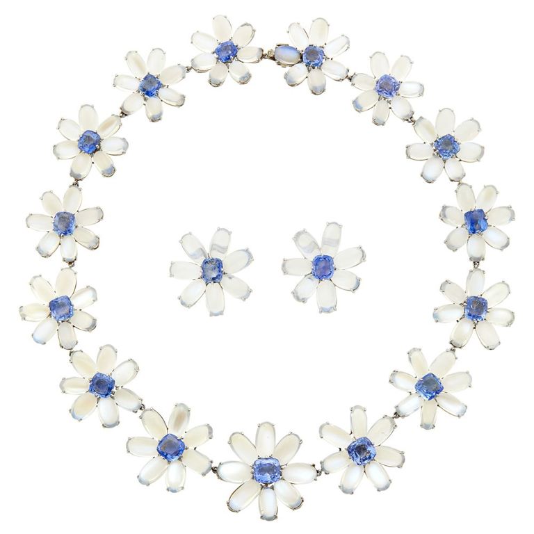 Platinum moonstone sapphire daisy necklace earclips