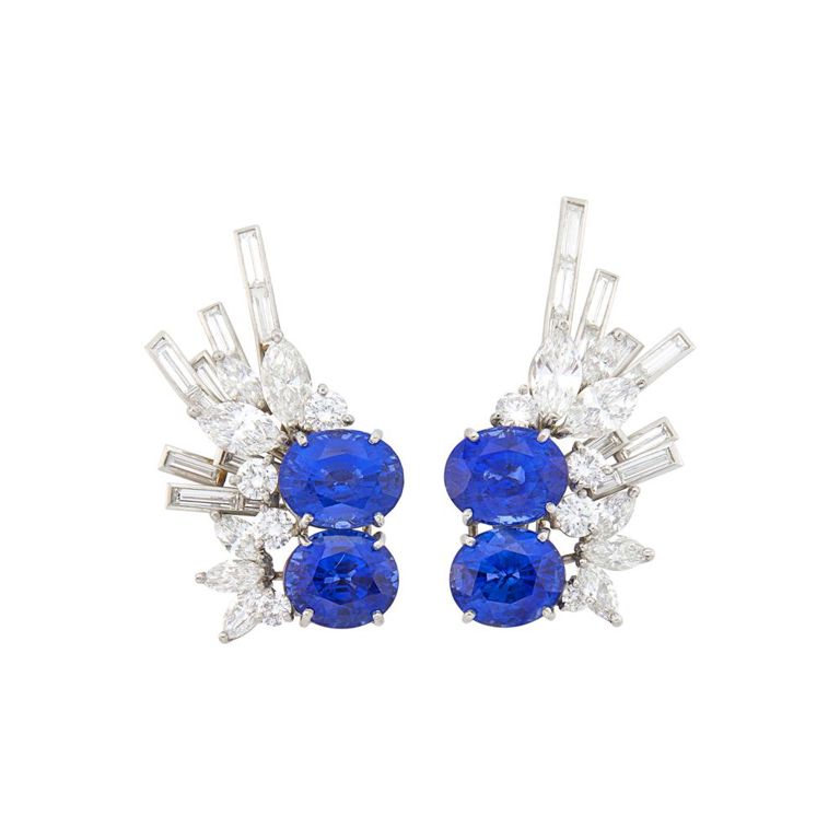 Platinum sapphire diamond earclips
