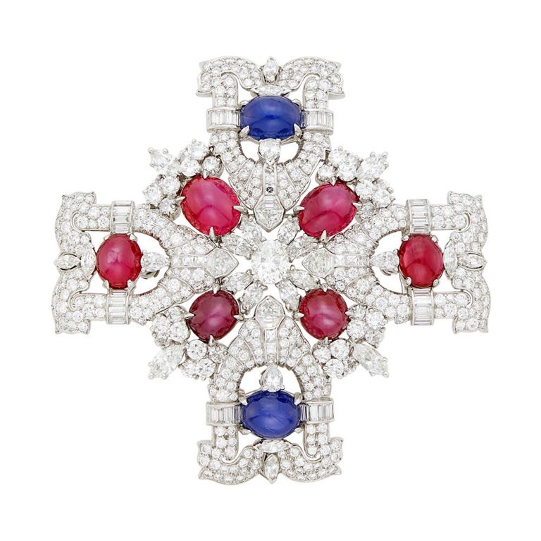 Platinum double strand sapphire necklace and brooch