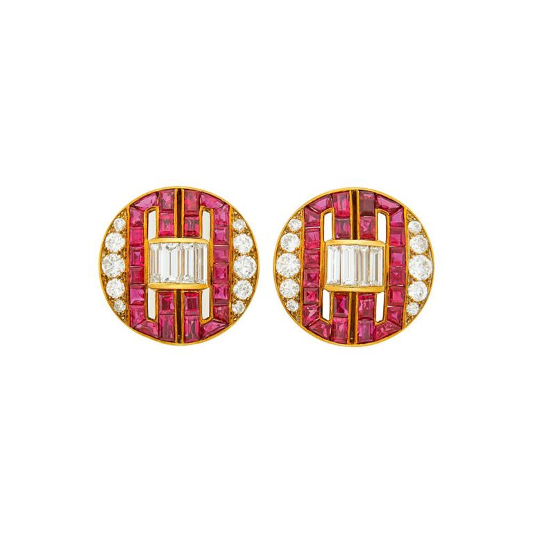18k gold diamond ruby earclips