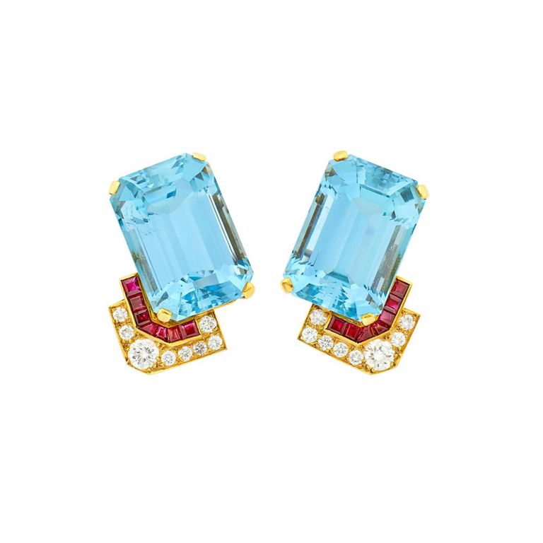 18k gold aquamarine ruby diamond earclips