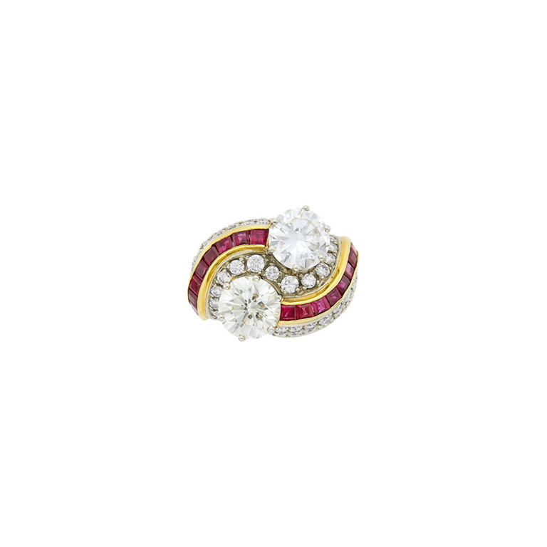Two-color gold diamond ruby ring