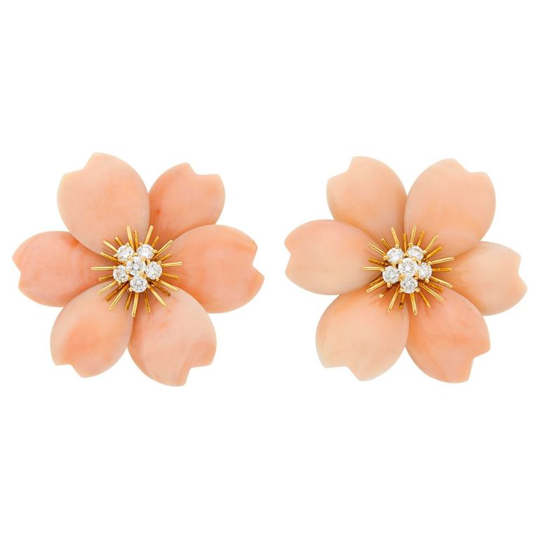 18k gold coral diamond earclips