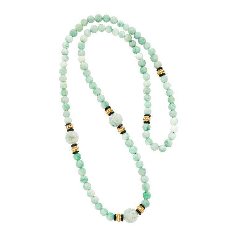 Long gold jade black onyx diamond necklace