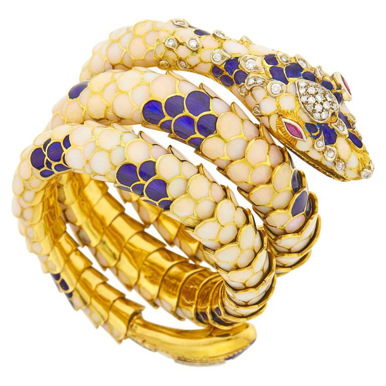 18k gold enamel diamond and ruby coiled serpent bracelet