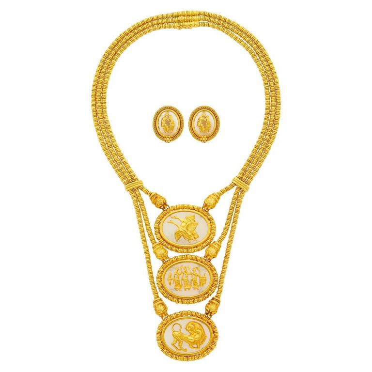 18k gold panel rock crystal necklace and earclips