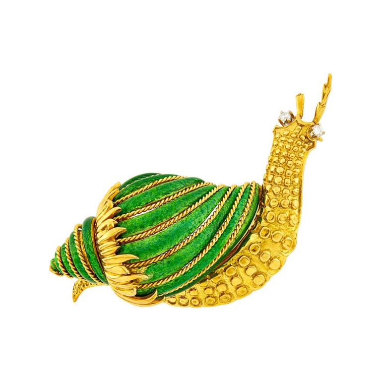 18k gold green enamel diamond snail brooch