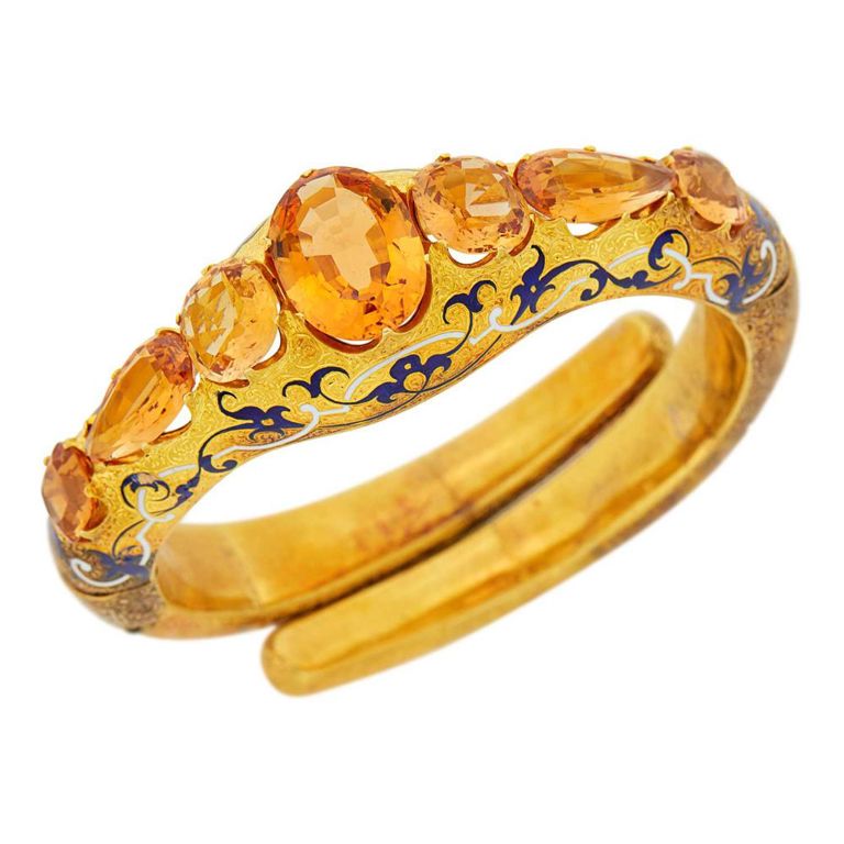 18k gold topaz blue and white enamel bangle bracelet