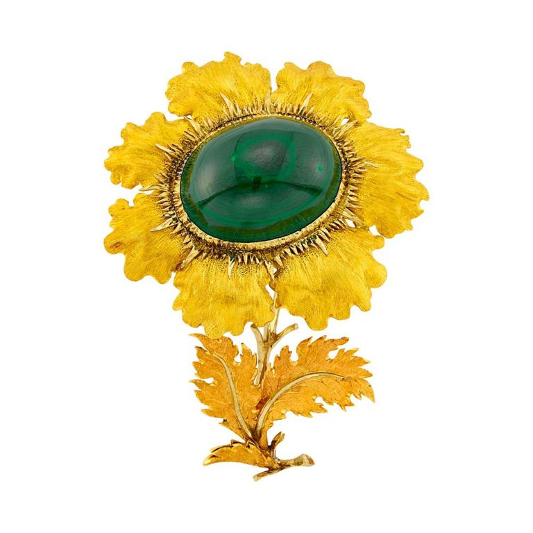 18k tricolor gold malachite flower brooch