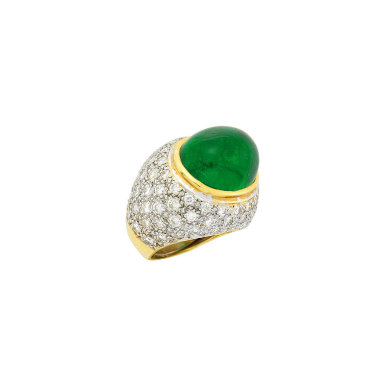 Two-color gold emerald and diamond ring