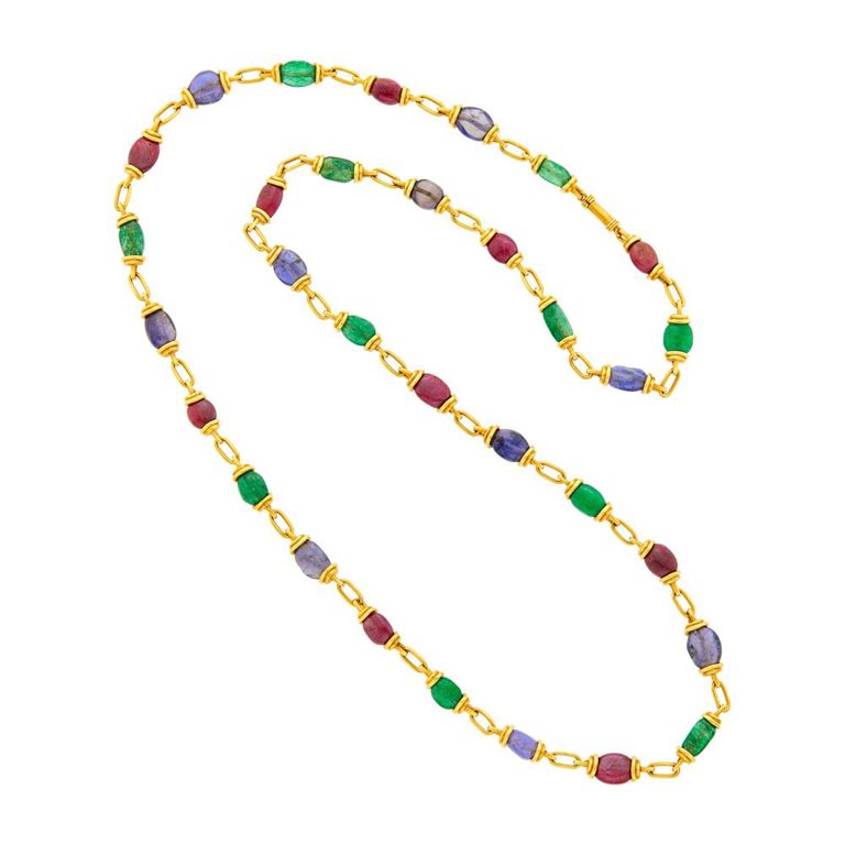 18k gold ruby sapphire and emerald bead necklace