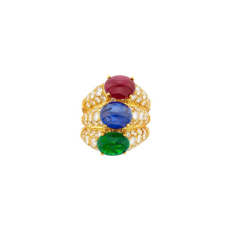 18k gold ruby emerald sapphire ring