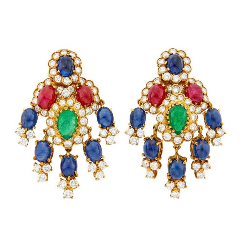 18k gold ruby emerald sapphire diamond earrings