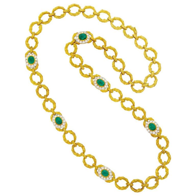 18k two-color gold emerald and diamond link necklace