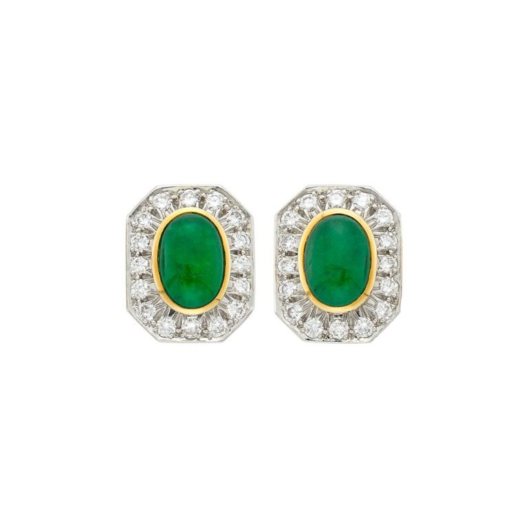 18k gold platinum emerald and diamond earclips