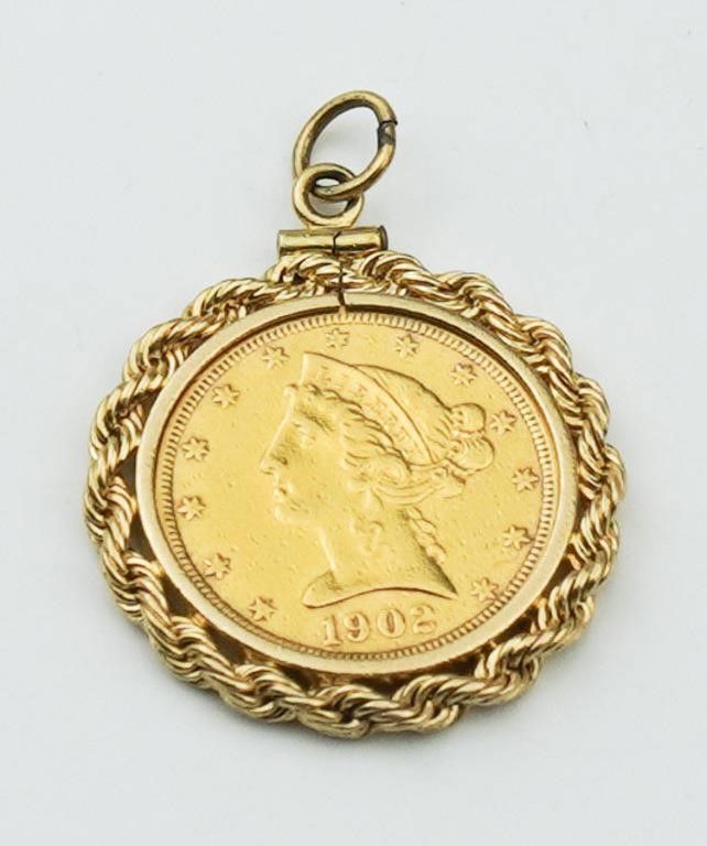 1902 Liberty Head $5 gold coin pendant