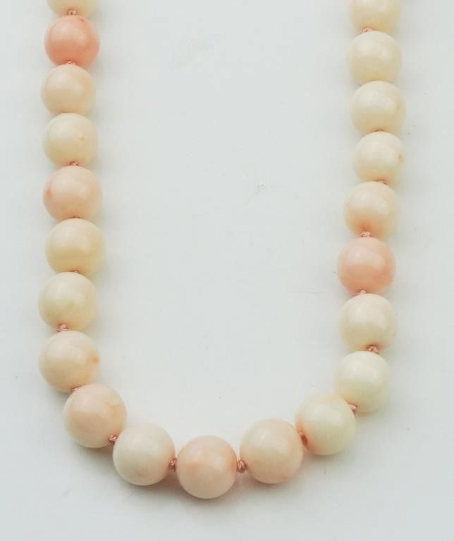 14k yellow gold angel skin coral bead necklace