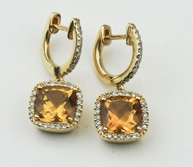 14k yellow gold citrine and diamond drop earrings
