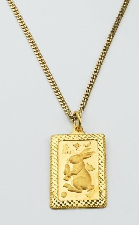 24k yellow gold Year of the Rabbit ingot pendant necklace