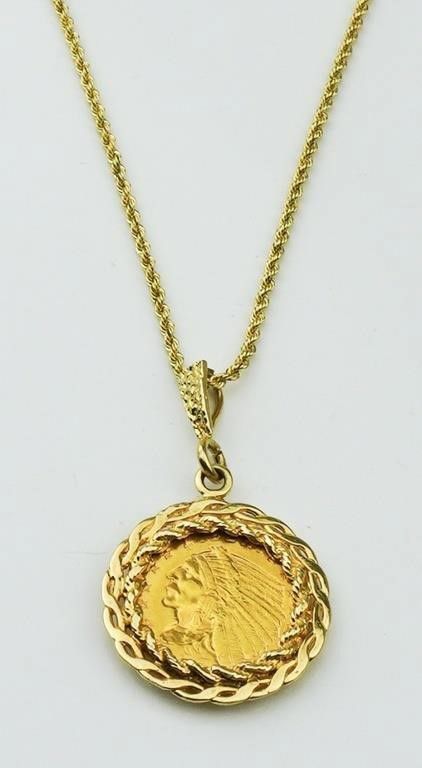 14k yellow gold Indian Head coin pendant with chain