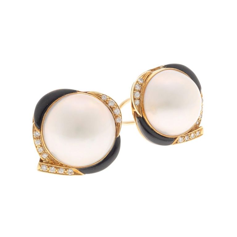 Mabe pearl diamond onyx 14k yellow gold ear clips